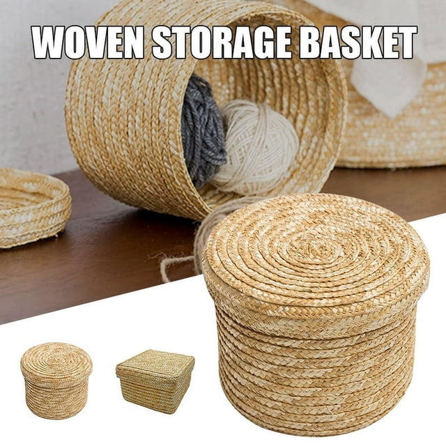Woven Straw Storage Baskets With Lid Rattan Snack Container Multipurpose Bins Laundry Toys Organizer Household( 14*13CM)
