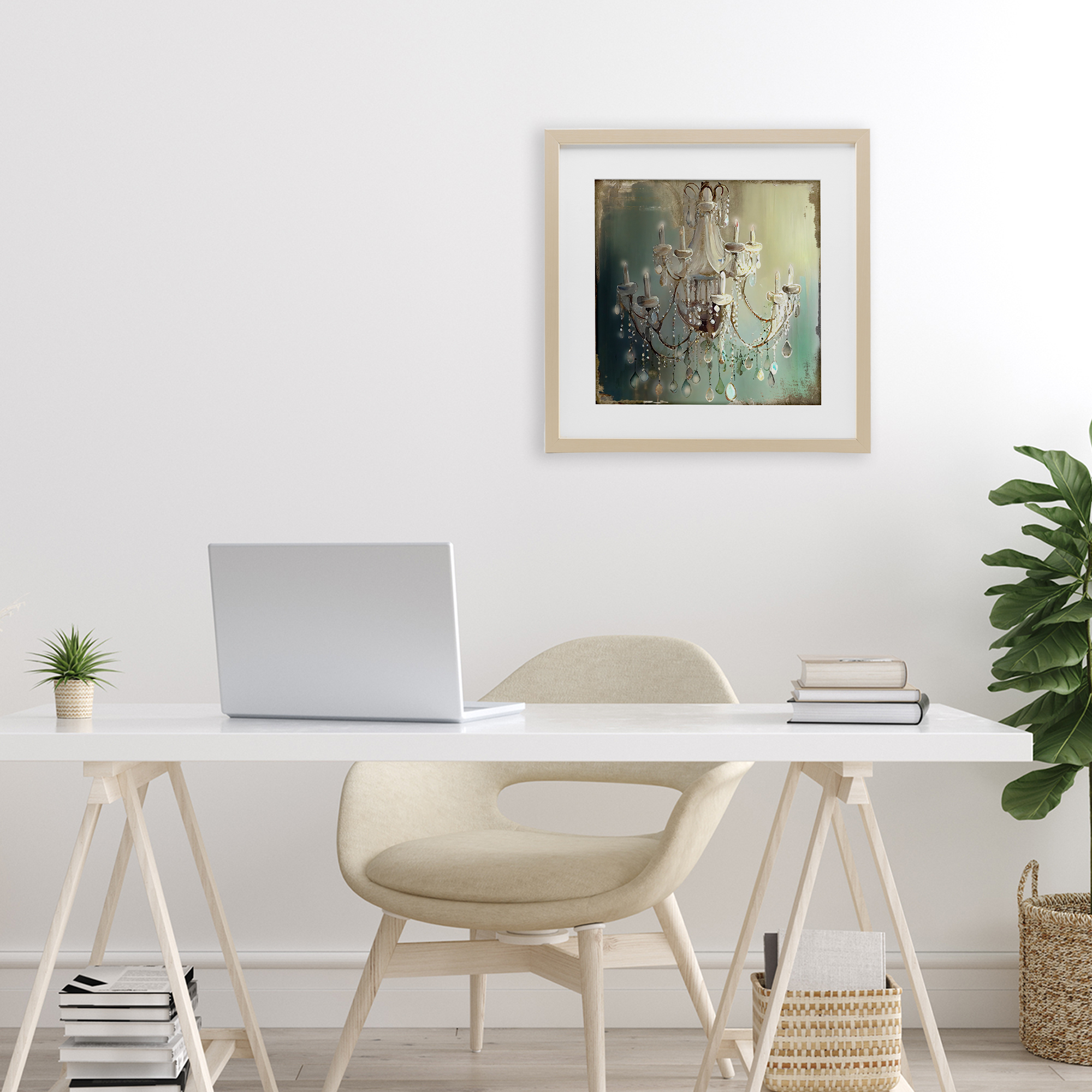 Vintage Illumine Chandelier Birch Framed Print Under Glass, design by Sasha