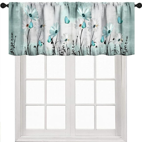 Flower Daisy Window Valance for Kitchen,Rustic Retro Blue Teal Floral Farmhouse Spring Butterfly Plant Farm Window Treatment for Bedroom Living Room 1 Piece,54x18 Inch