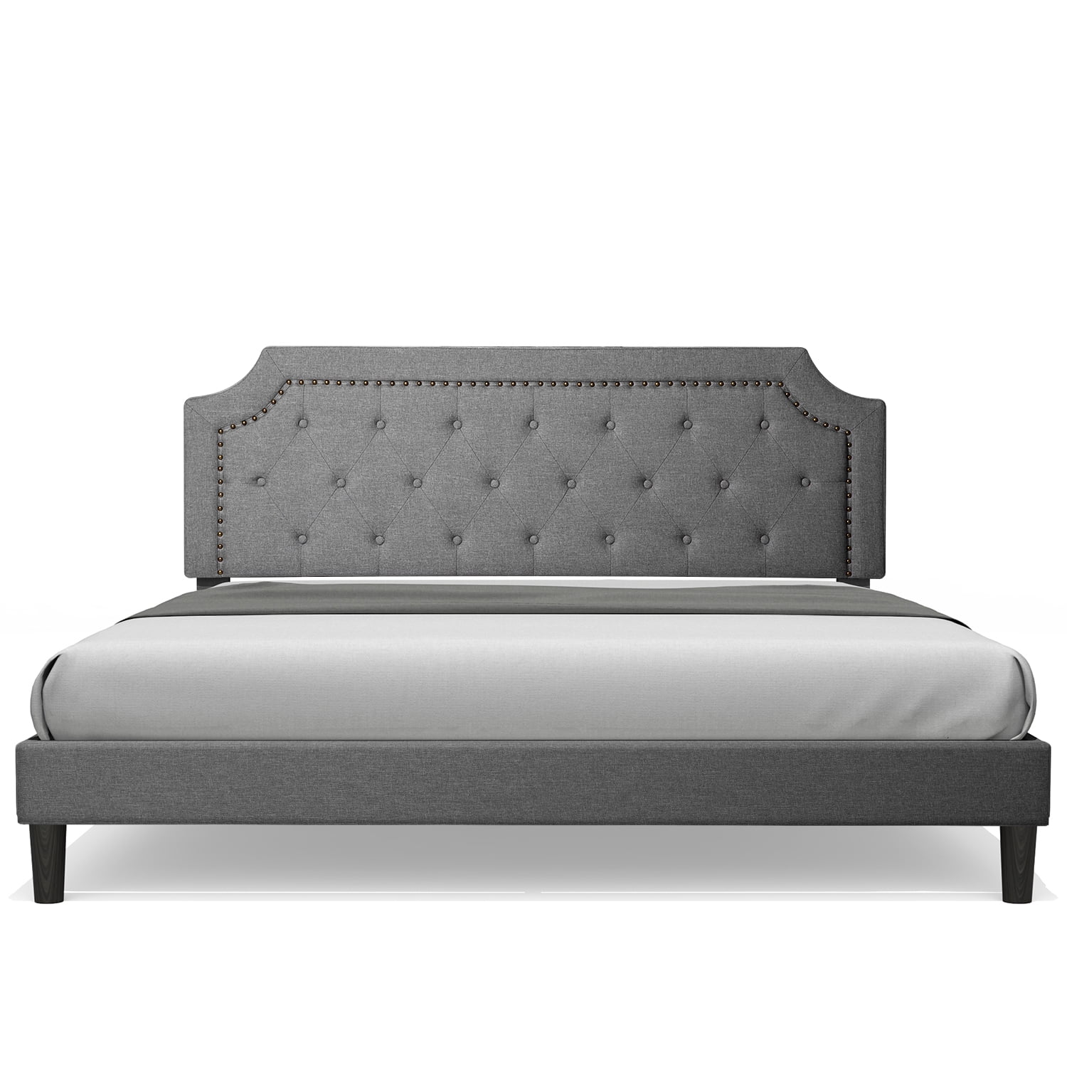 Bed Frame Upholstered Low Profile Traditional Platform with Tufted and