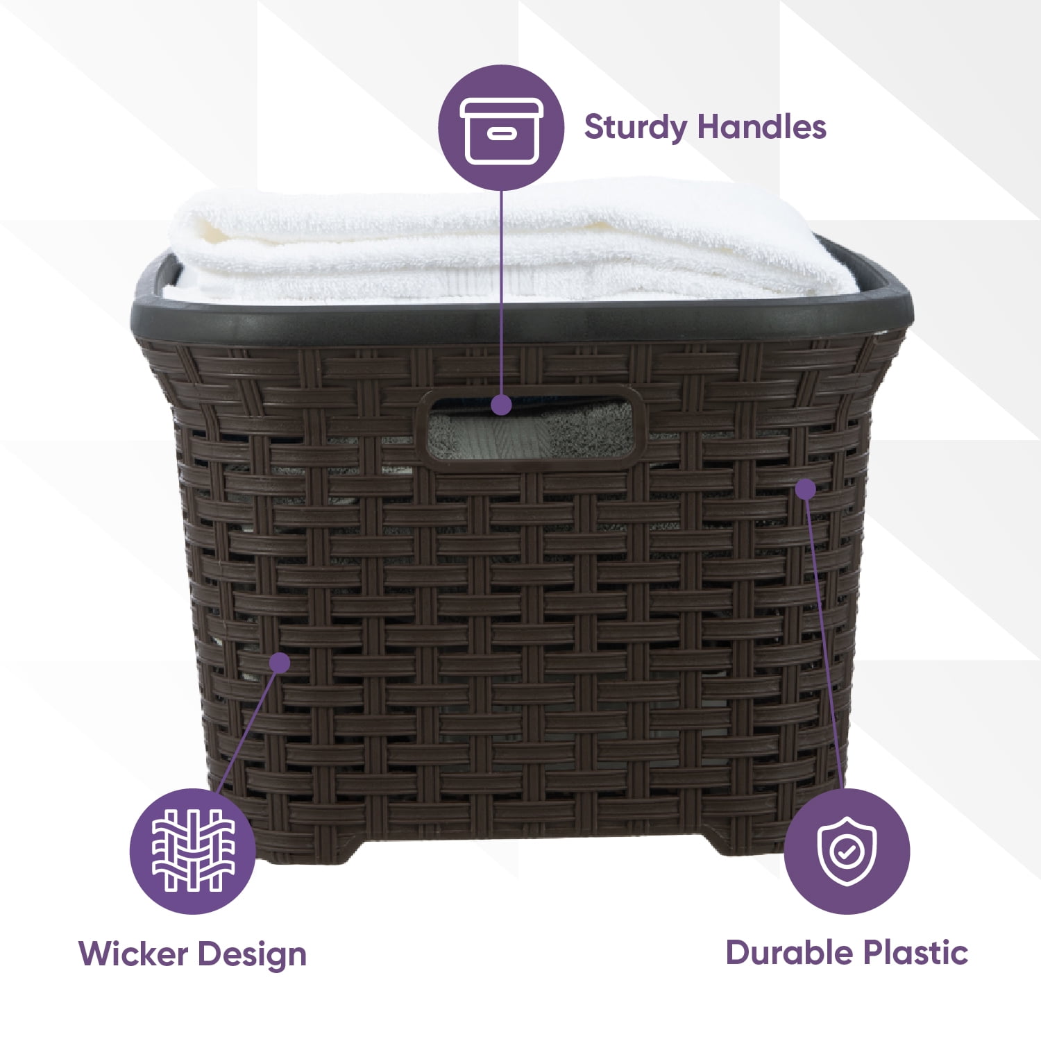 Superio  Large Wicker Laundry Basket with Cutout Carry Handles - Capacity: 50l Brown