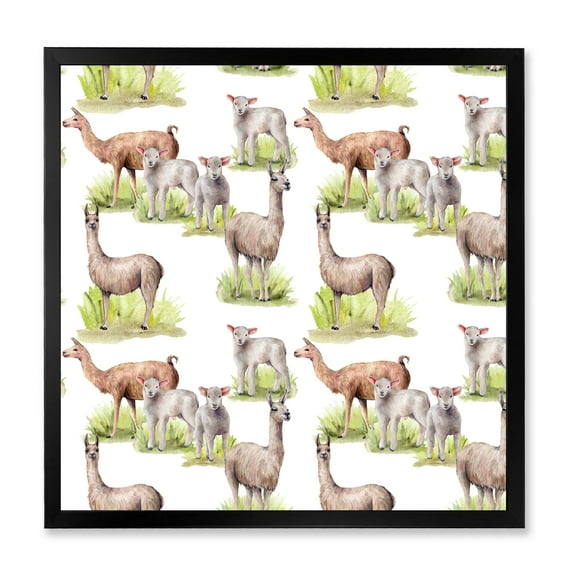 Designart 'Lambs and Lamas On A Green Meadow' Farmhouse Framed Art Print