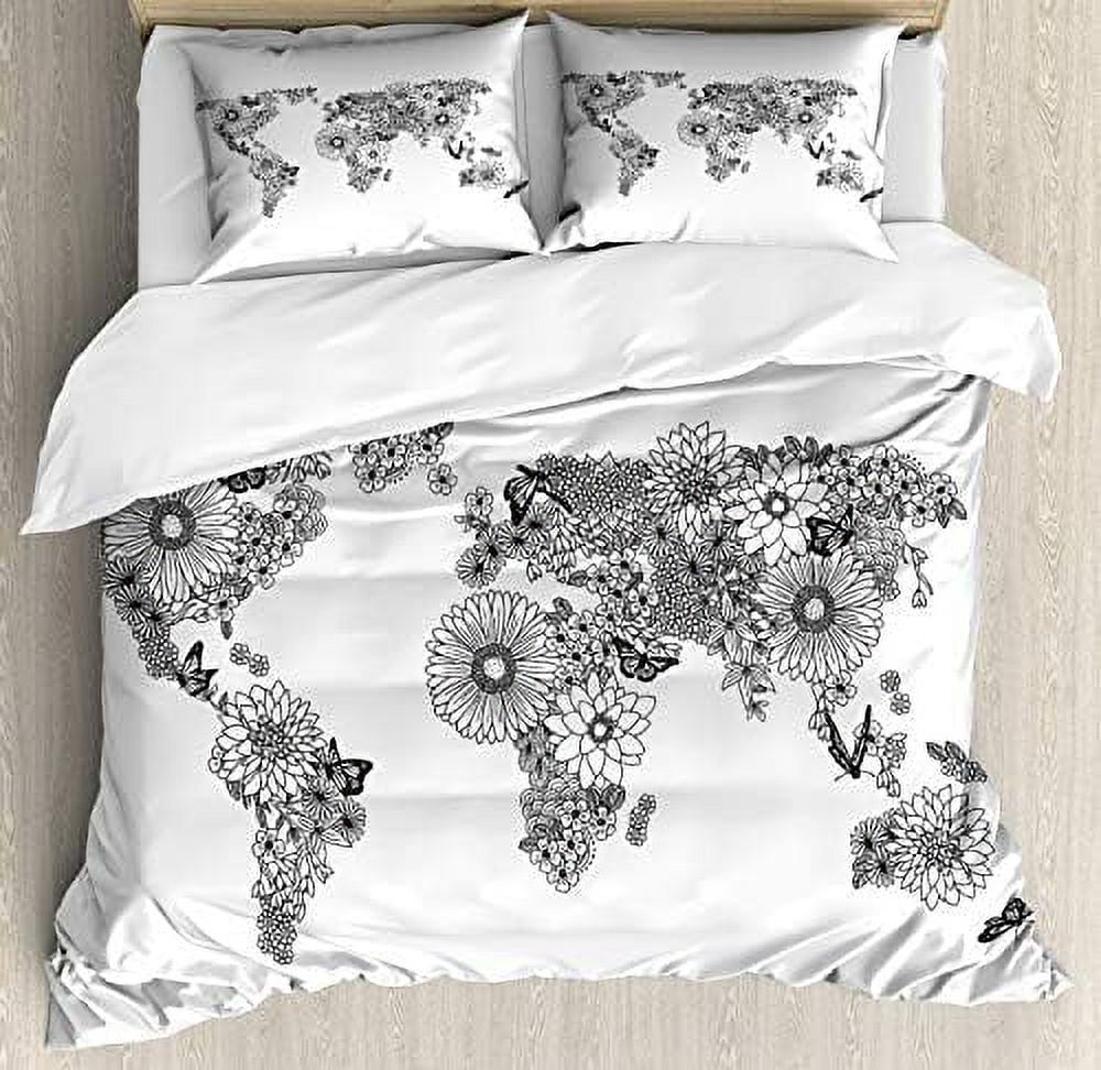 Floral World Map Duvet Cover Set, Floral Petals With Butterflies