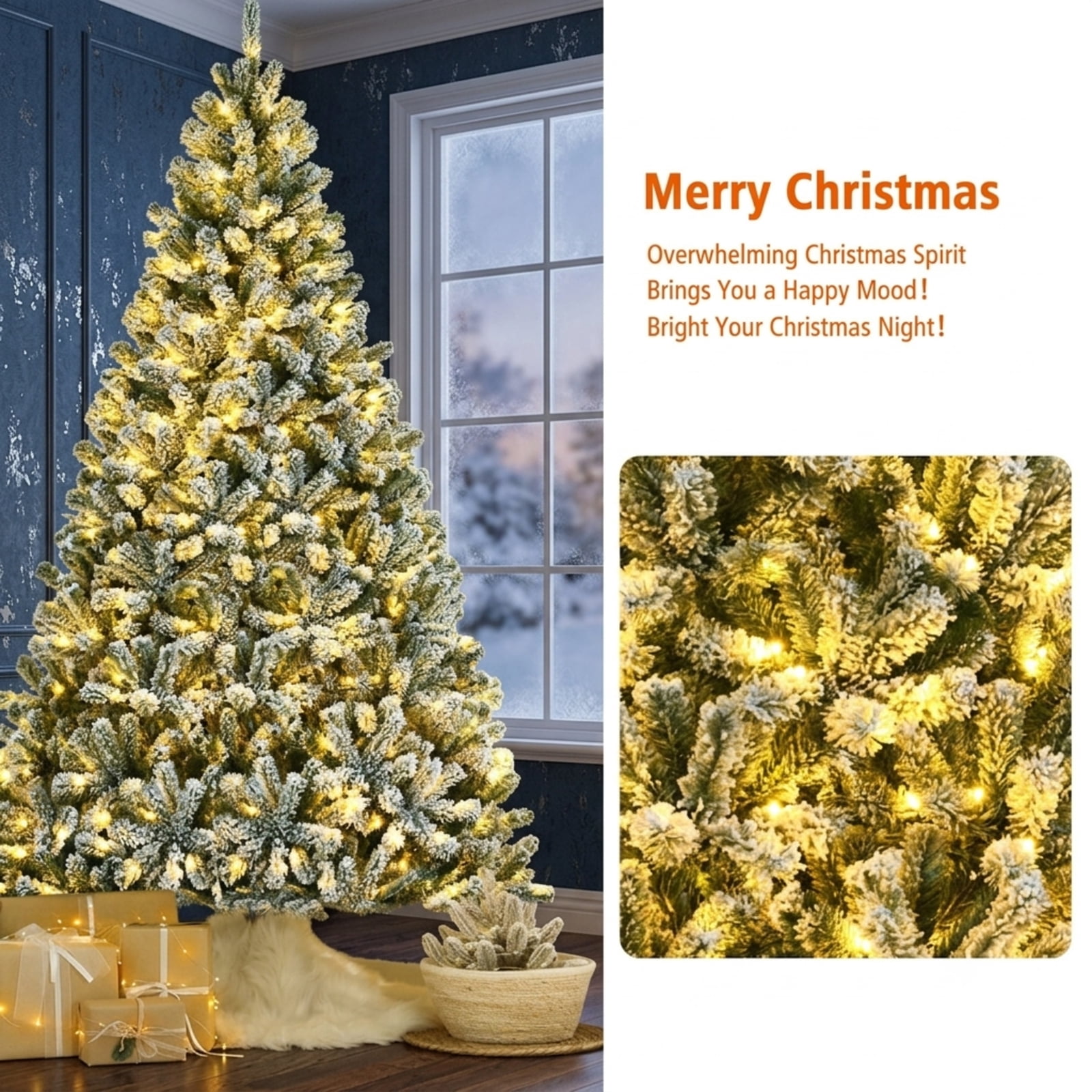 RUIE, 8 ft, Artificial Christmas Tree, with 650 LED Lights, 928 Branch Tips, Snow Flocked Holiday Xmas Tree for Indoor Home Office Decoration