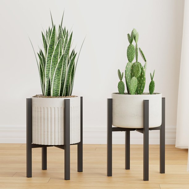 Soporte de metal ajustable para plantas interior exterior adapta macetas 8 a 12 pulgadas soporte moderno mediados siglo negro