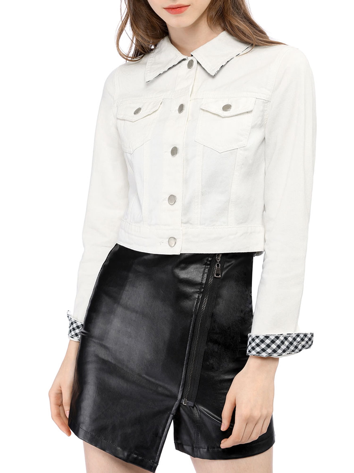 DARING DIVA Women's Button Down Long Sleeve Cropped Denim Jacket M White