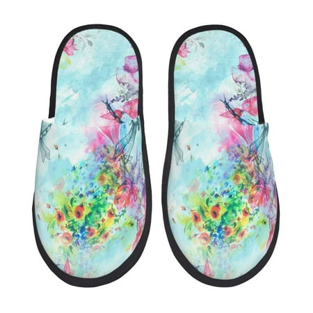 

Sikiie Dragonfly Floral Fuzzy Slip-on Slippers Warm Cozy Soft Lightweight Memory Foam Indoor House ShoesLarge