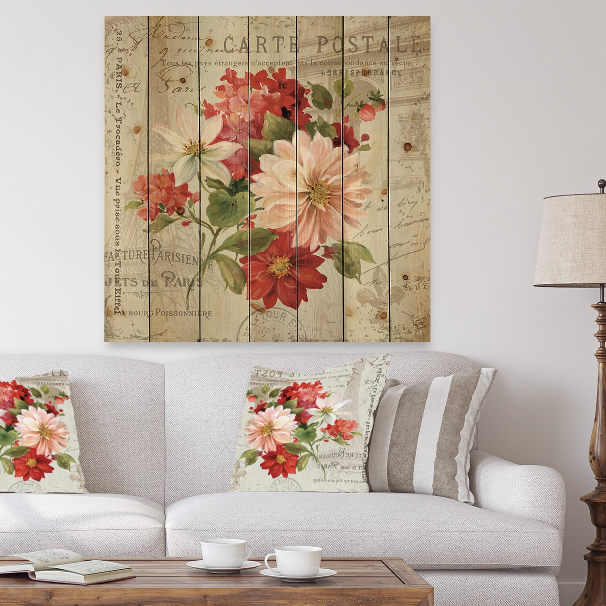 Designart 'Red Painted Flowers on Vintage Postcard II' Farmhouse Print on Natural Pine Wood