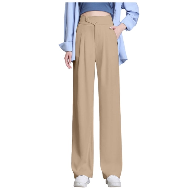 Pantalones anchos de color liso para mujer - Pantalones de traje de cintura alta con cintura elástica - Mezcla de poliéster y spandex, dos bolsillos, ideales para la oficina y para looks informales