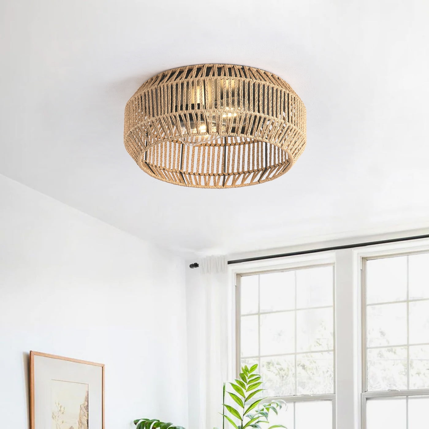 2-Light Boho Ceiling Lighting, Brown Industrial Close to Ceiling Lighting Fixture, Farmhouse Semi Flush Mount Ceiling Light for Living Room Bedroom kitchen