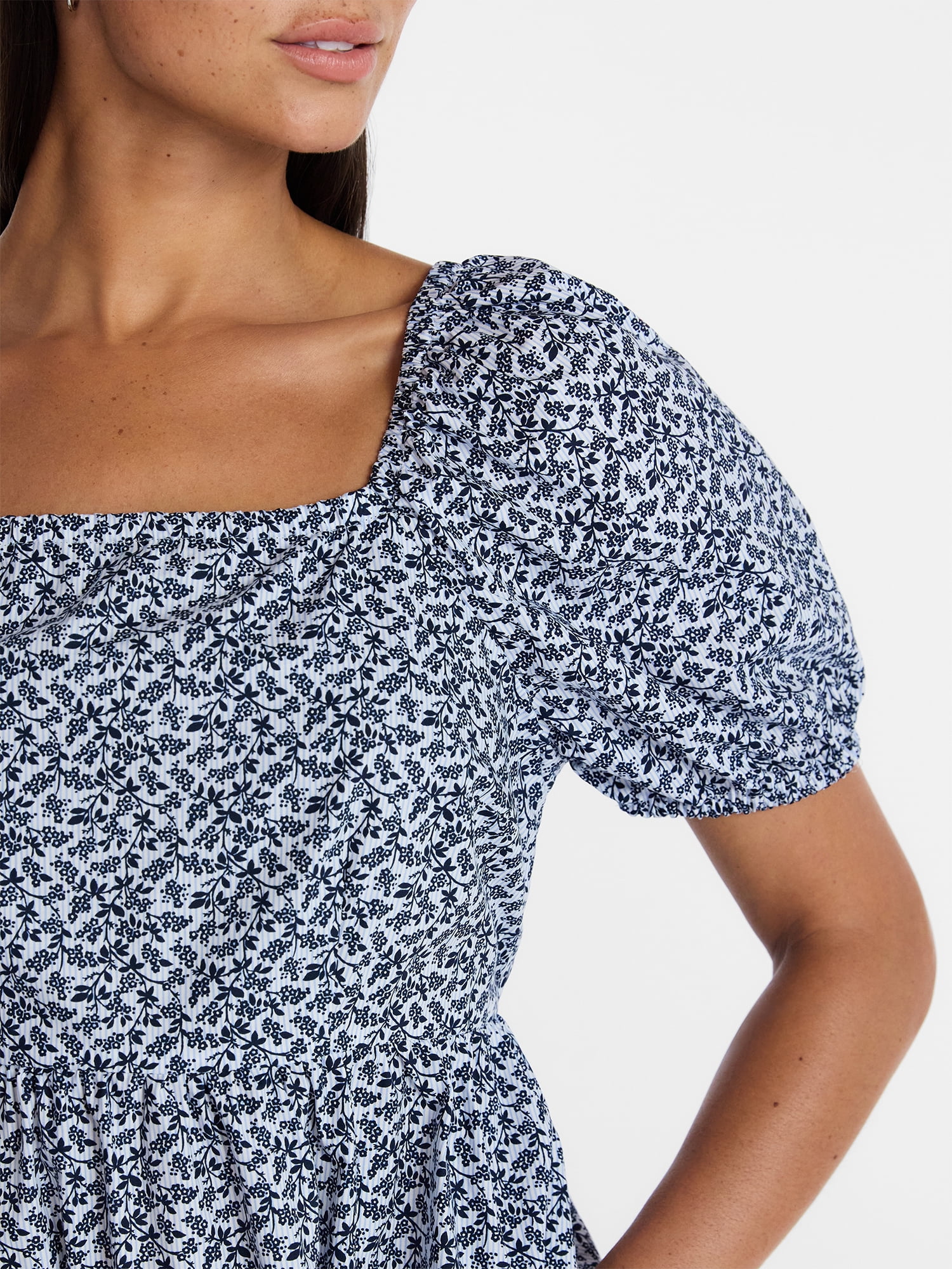 Time and Tru Women's and Women's Plus Cotton Back Tie Midi Dress with Short Puff Sleeves, Sizes XS-4X