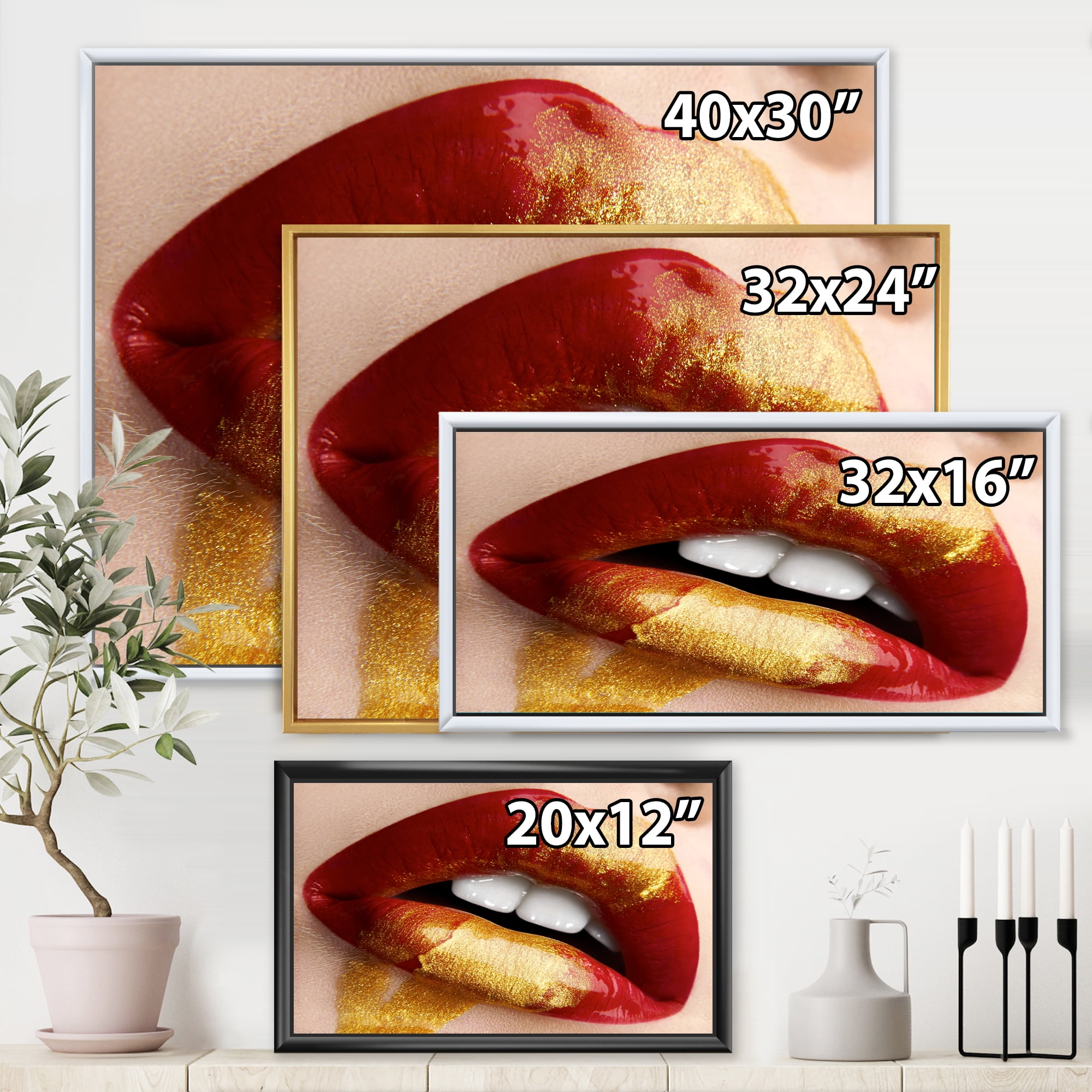 Plump Woman Lips With Gold and Red 32 in x 16 in Framed Photography Canvas Art Print, by Designart