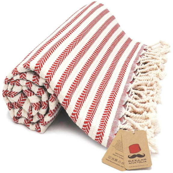 Bazaar Anatolia Turkish Beach Towel – 100% Cotton, Quick Dry, Sand Free Towel for Bathroom, Travel, Camping – Oversized 71x39 Inches – Arpa Red