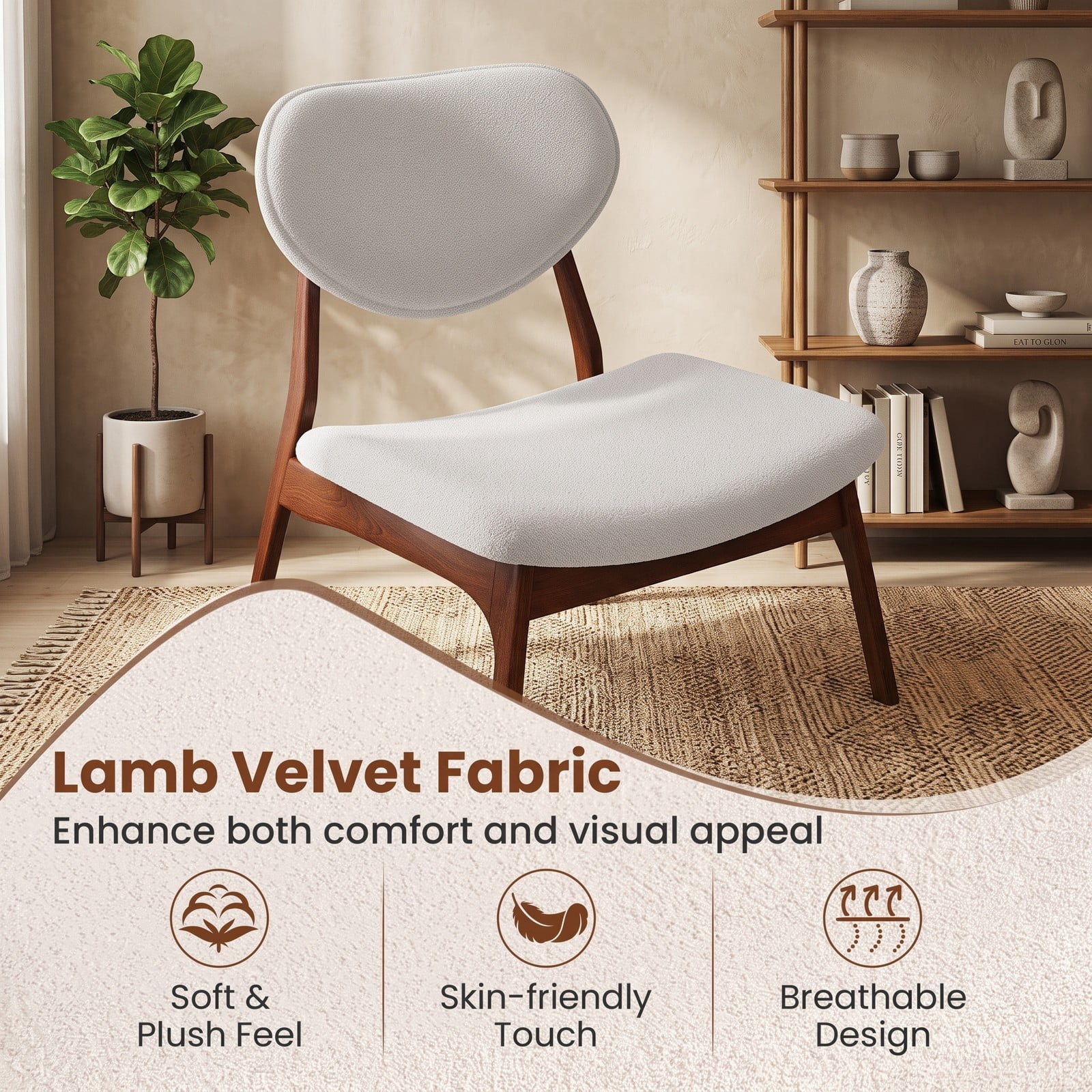 Furnibear Accent Chairs Set of 2 with Side Table, Solid Wood Frame Lamb Velvet Upholstered Club Armchairs, 105 Degree Reclined Backrest Reading, Walnut and Beige