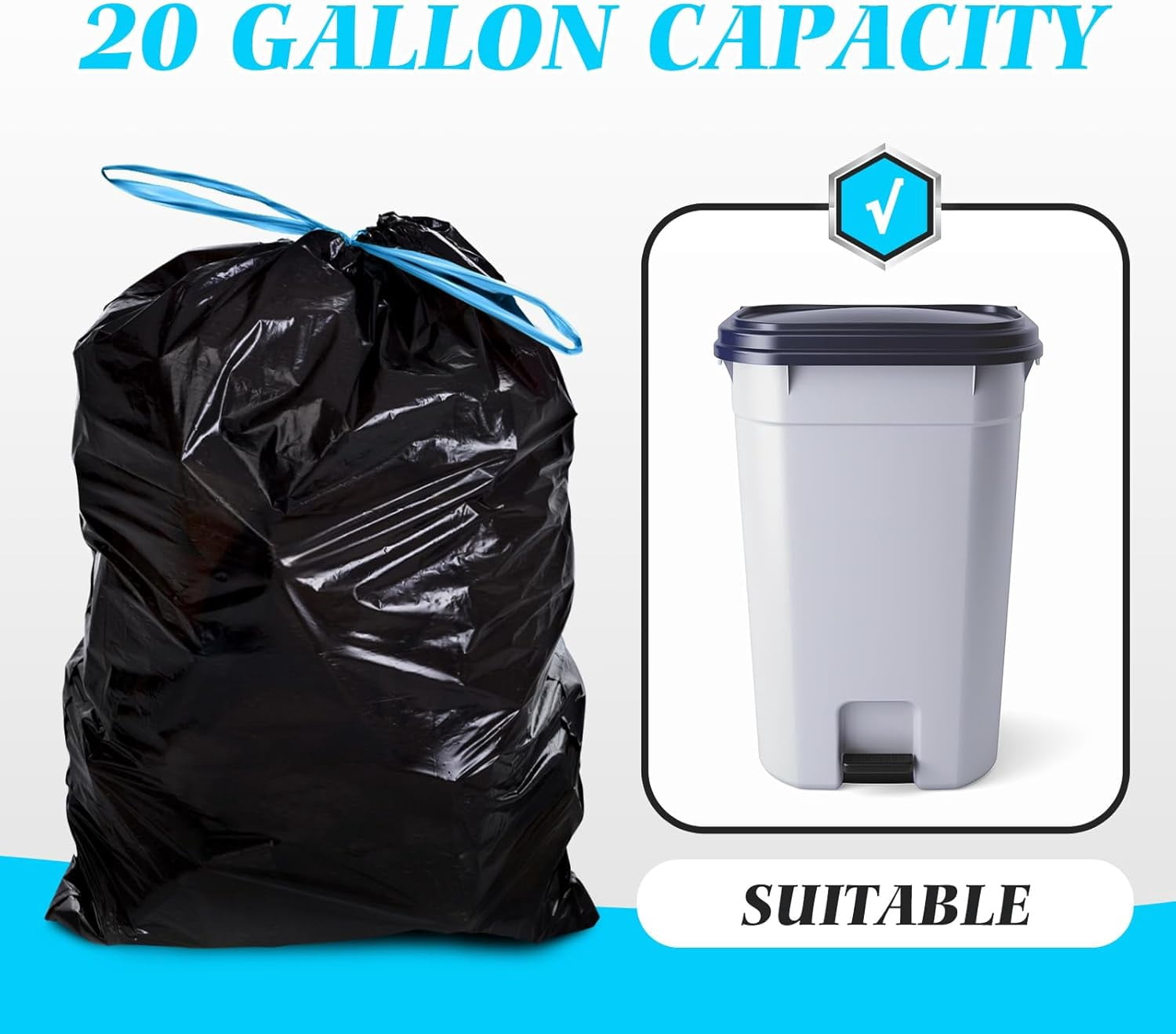 20 Gallon 60 Counts (fit 18-20 Gal) Large Drawstring Trash Bags Strong Tall Kitchen Compactor Bags s for Home/Office/Light Residential Waste/Outdoor Trash Can, Lawn，Black Trash
