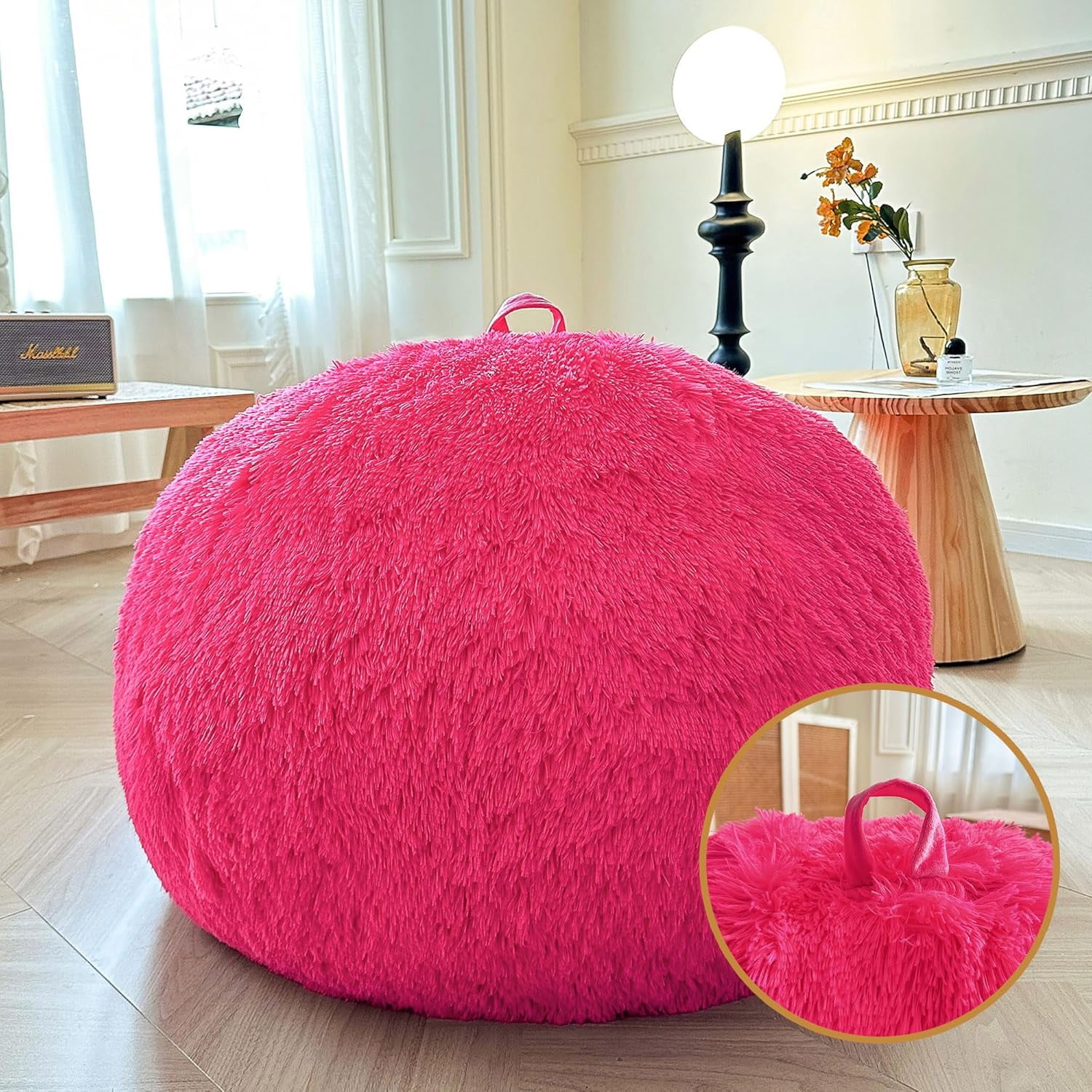 Faux Fur Comfy Bean Bag Cover(No Filler) for Living Room, Tie Dye Fluffy Stuffed Animal Storage Bean Bag Chair Cover, Furry Fuzzy Bean Bag Cover for Adults  Girls, Anti-Slip, Rainbow