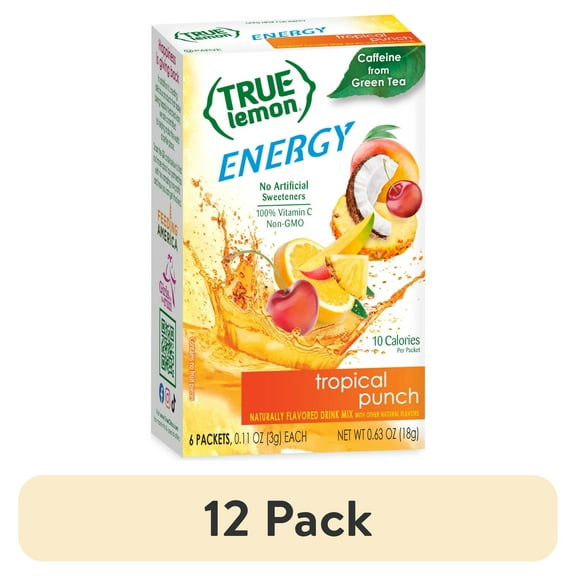 (12 pack) True Lemon Tropical Punch Energy Drink Mix Powder, Low Sugar, No Artificial Sweeteners, 6 Count