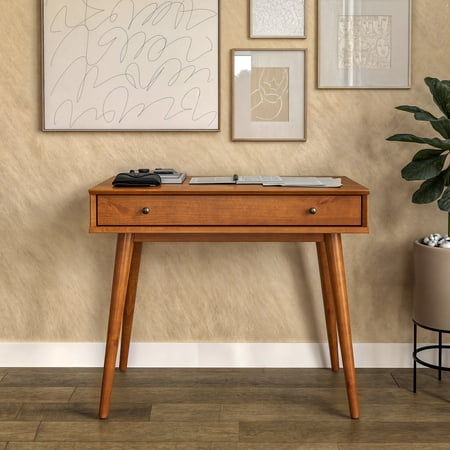 Camaflexi Mid Century Modern Desk Solid Wood Writing Table for Small Spaces, Brown (little damaged; see the picture) (No test)