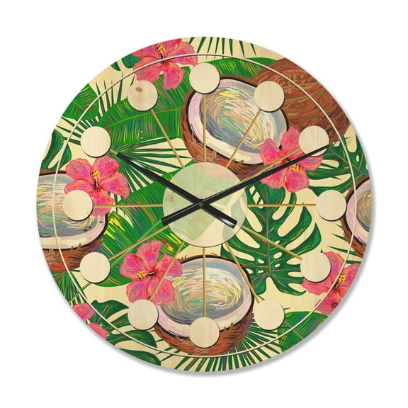 Designart 'Tropical Jungle Flowers and Cooconut' Mid-Century Modern Wood Wall Clock