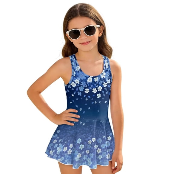 RenewoldGirls Bathing Suit with Shorts 1 Piece Sleeveless Swimsuit for Girl Stretch Comfy Swim Dress for Beach Surfing Lightweight Little Girls’ Swimwear Size 3-4, Blue Cherry Blossom Print