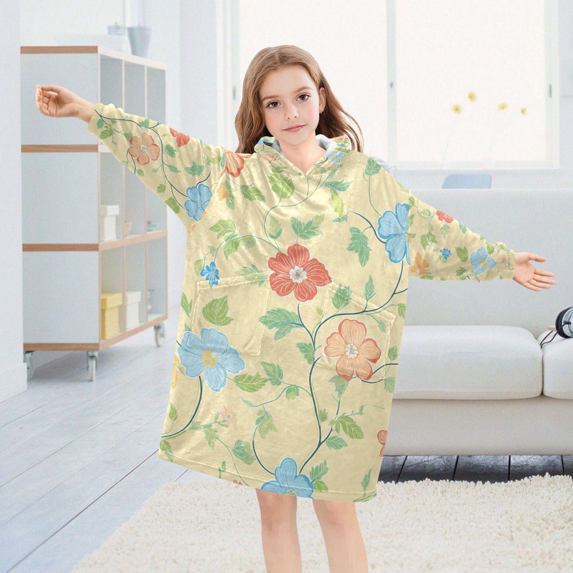 FORMRS Wearable Blanket Hoodie with Sleeves for Kids Cozy Flannel Sweatshirt, Colorful Flower