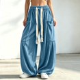 thumbnail image 2 of Womens Casual Cargo Pants Solid Color Drawstring Wide Leg Jogger Loose Fit Baggy Workout Trousers With Pockets, 2 of 4