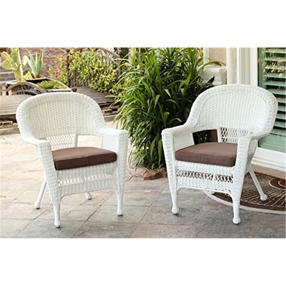 Jeco Santa Maria White Wicker Chair with Brown Cushion - Set of 2-Finish:White,Top Back Pattern:Covered