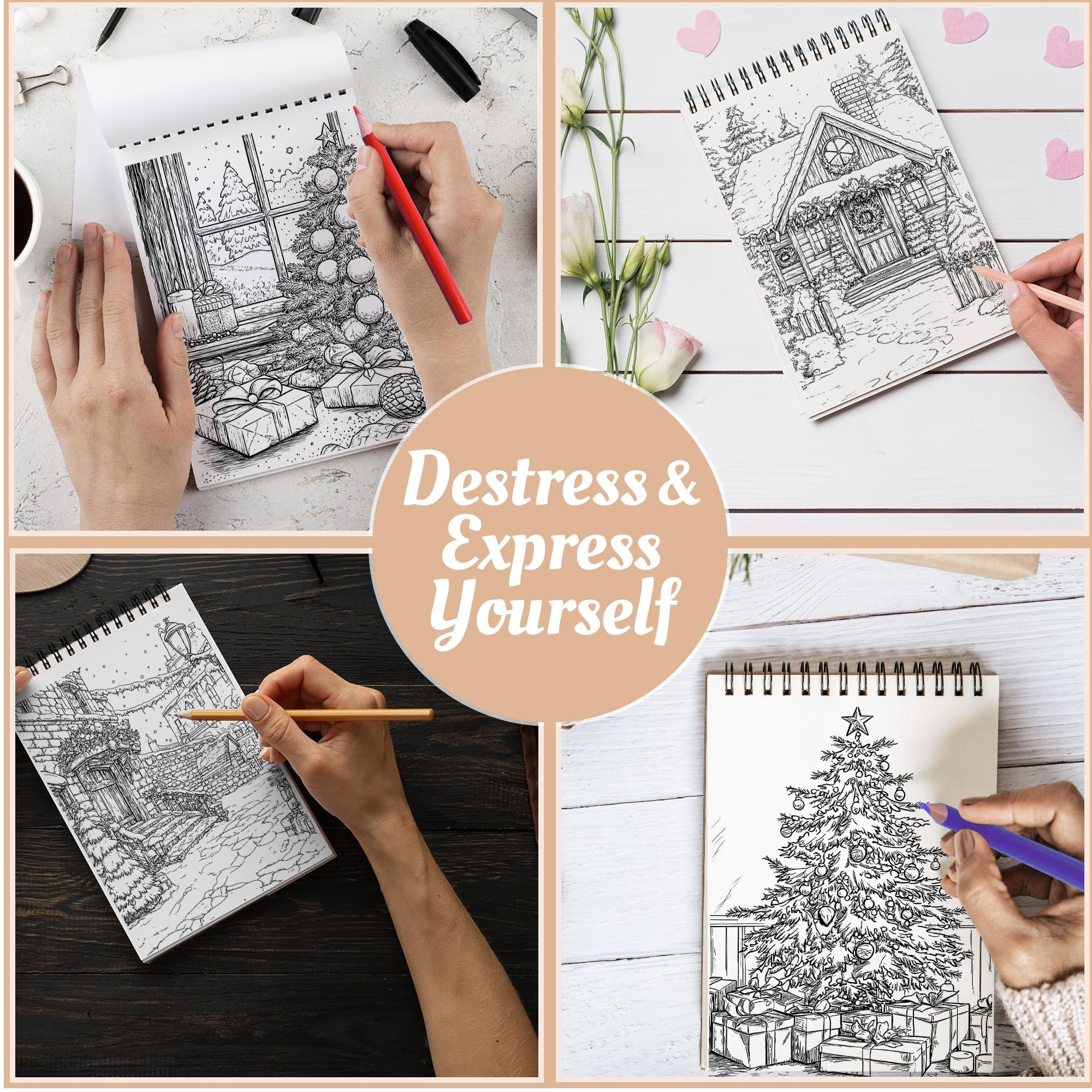 Netecom Christmas Time Coloring Book Spiral Bound For Adults, A5 Wooden Cover, 30 Magical Coloring Pages of Winter Festivities for Stress Relief and Relaxation