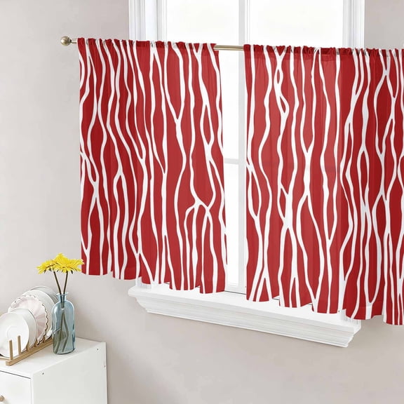 Sheer Curtains 45 Inch Length 2 Panels Set for Kitchen, Red Striped Semi Sheer Curtains for Windows, Classic Minimalist Waves Lines Pattern Voile Window Treatments Rod Pocket Curtain