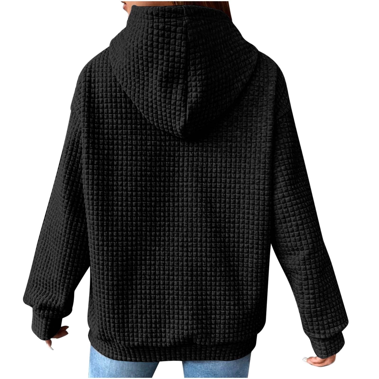 SZJXBUY Waffle Hoodies Women,Hoodies for Women Casual Pullover Waffle Long Sleeve Drawstring Hooded Sweatshirt with Pocket 2024 Black,S