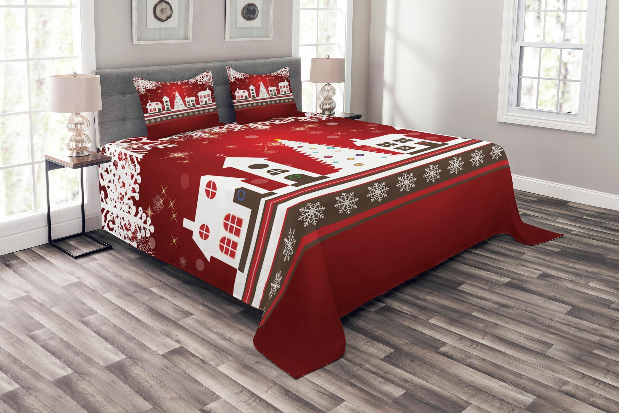 Christmas Bedspread Set Queen Size, Winter Holidays Theme Gingerbread House with Trees and