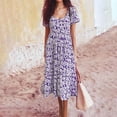 thumbnail image 1 of Puntoco Vestido De Manga Corta Con Cuello En V, Estampado Floral Informal Para Mujer, Manga Abullonada, Lazo Fruncido, Sin Espalda, En Capas, Morado M, 1 of 9