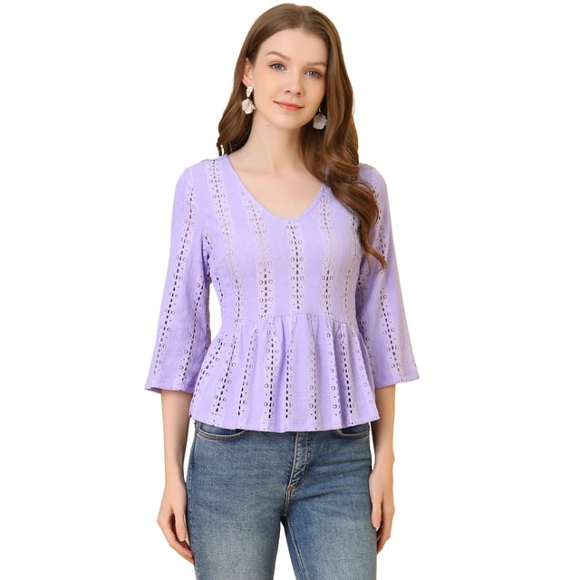 Blusa liviana de encaje sólido Allegra K cuello en V manga 3/4 peplum Púrpura M
