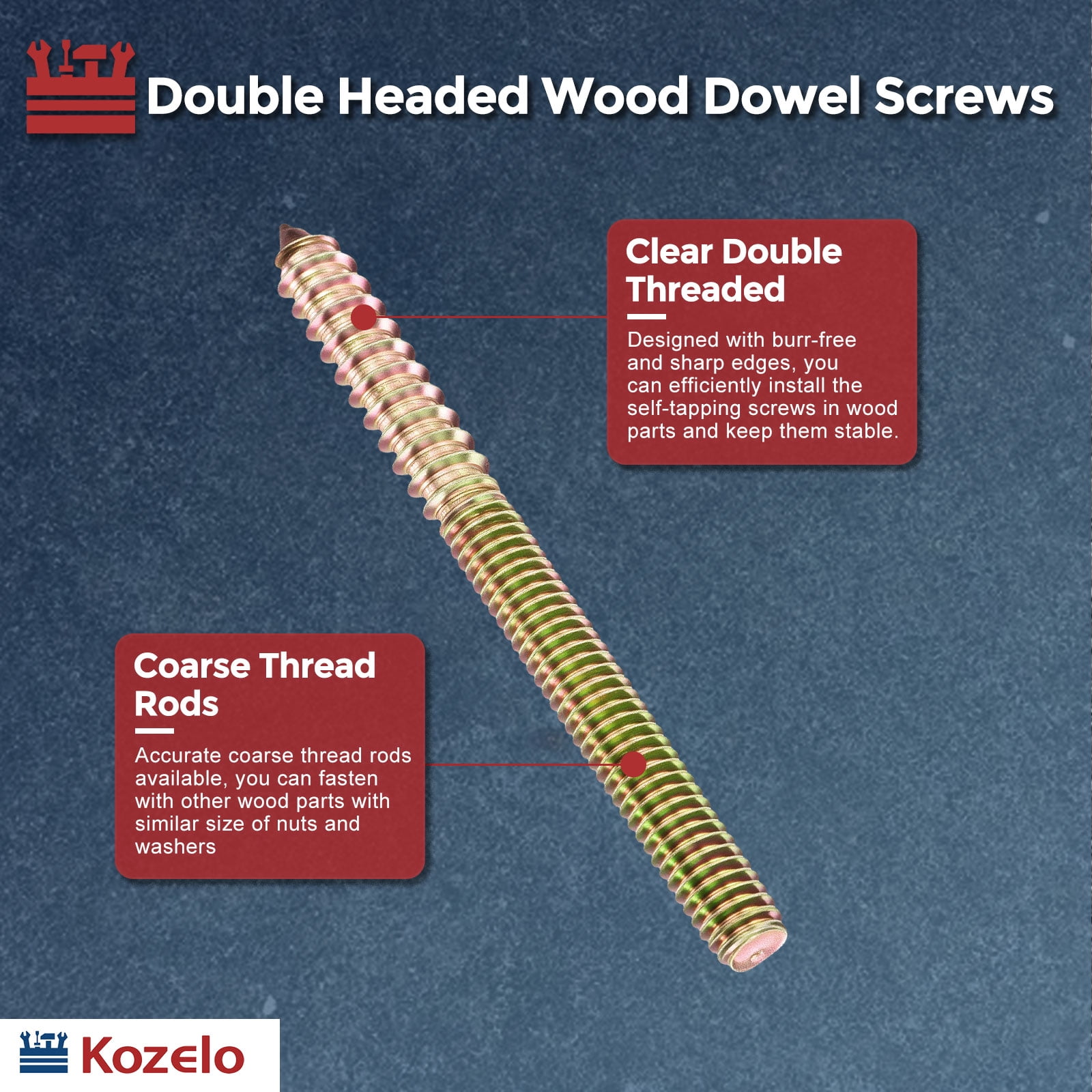 Uxcell 20pcs Hanger Bolts with Driver - [5/16"-18x3-1/2"] Double Headed Wood Dowel Self Tapping Screw Set for Repair, Dual Ended Thread Rod Joint Blot, Colored Zinc Coating
