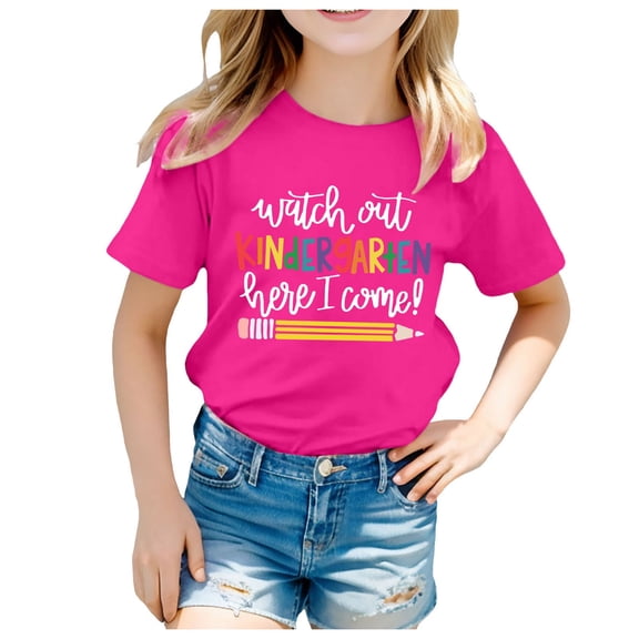 LEKDFST Toddler Baby Girls Back to School Outfit Kindergarten Pre K First Grade Short Sleeve T-Shirt First Day of School Tops Hot Pink 140