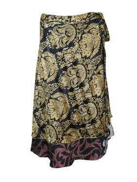 Mogul Women Black,Gold Magic Wrap Skirt 2 Layer Printed Vintage Sari Reversible Boho Gypsy Beach Wear Wrap Around Skirts