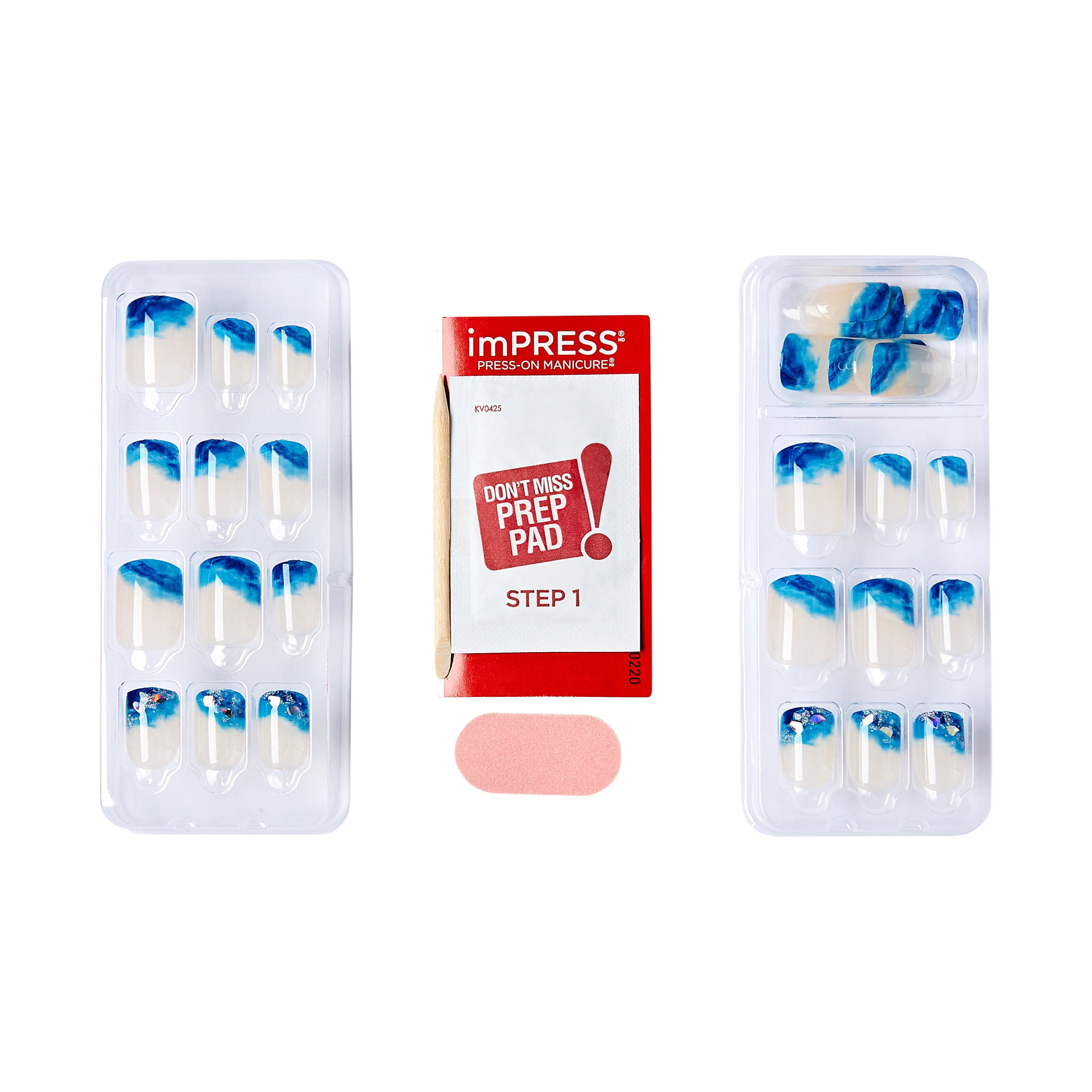Impress Design Press On Nails , No Glue Needed, Blue & White, Short Length, Squoval Shape, 30 Ct.
