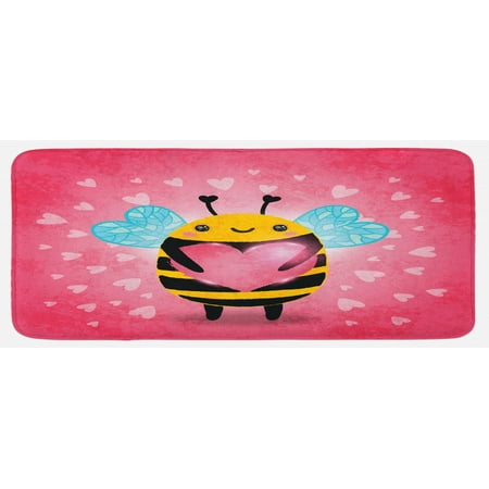

Queen Bee Kitchen Mat Valentine s Day Themed Bumblebee Holding a Giant Heart Cartoon Style Plush Decorative Kitchen Mat with Non Slip Backing 47 X 19 Coral Pale Blue Yellow by Ambesonne