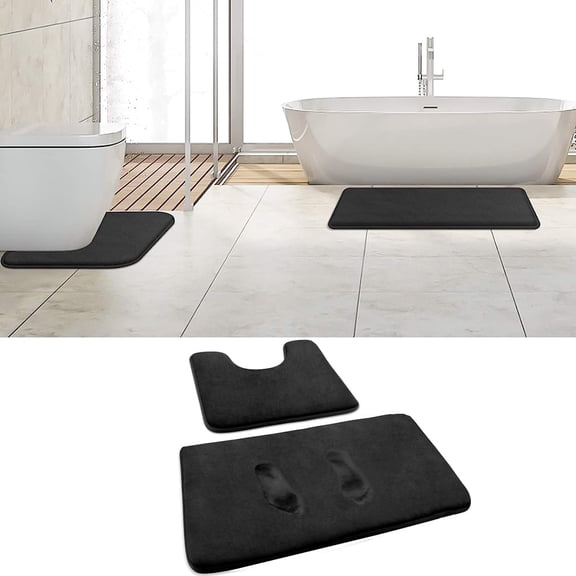 Memory Foam Bath Mat Set, Extra Soft 2 Piece Bathroom Rugs Non Slip and Absorbent Mats, U-Shaped Contour Rug for Tub Shower & Bath Room,Black