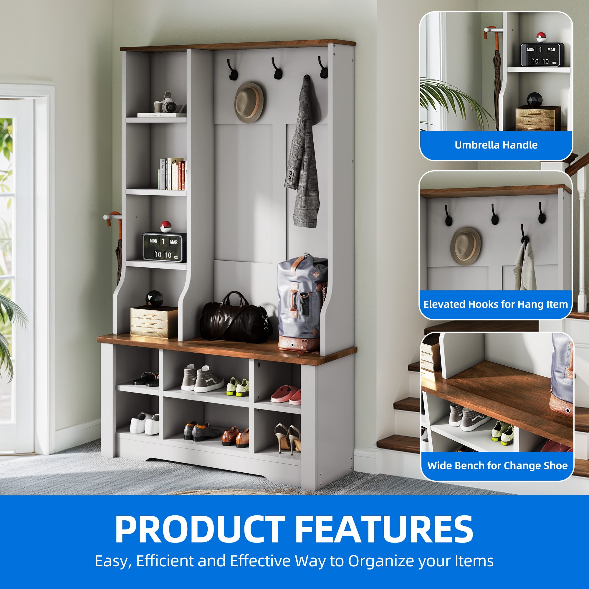 Uforic White Hall Tree with Shoe Storage, Coat Rack with Bench for Entryway, Adjustable Shelf