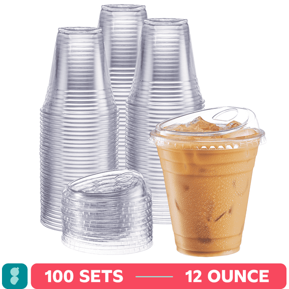 GUSTO 12 oz Crystal Clear Plastic Cups with Strawless Sip Lids, Disposable Drinking Cups for Iced Coffee, 100 Count