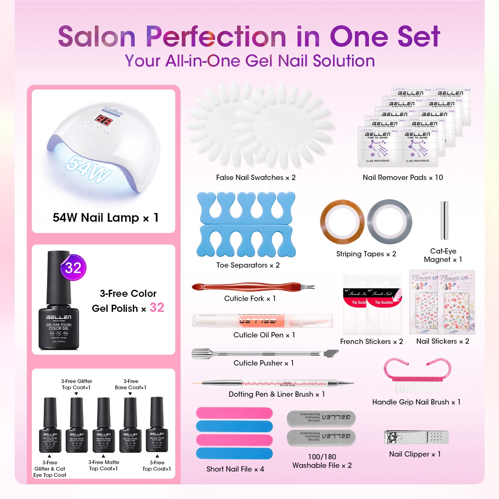 Gellen 71Pcs Gel Nail Polish Kit with 54W UV Light, 32Colors Rainbow Glow All Seasons Hema-Free Gel Polish Set with 5pcs Functional Gel Top Base Coat, Nail Art Salon Manicure for Women