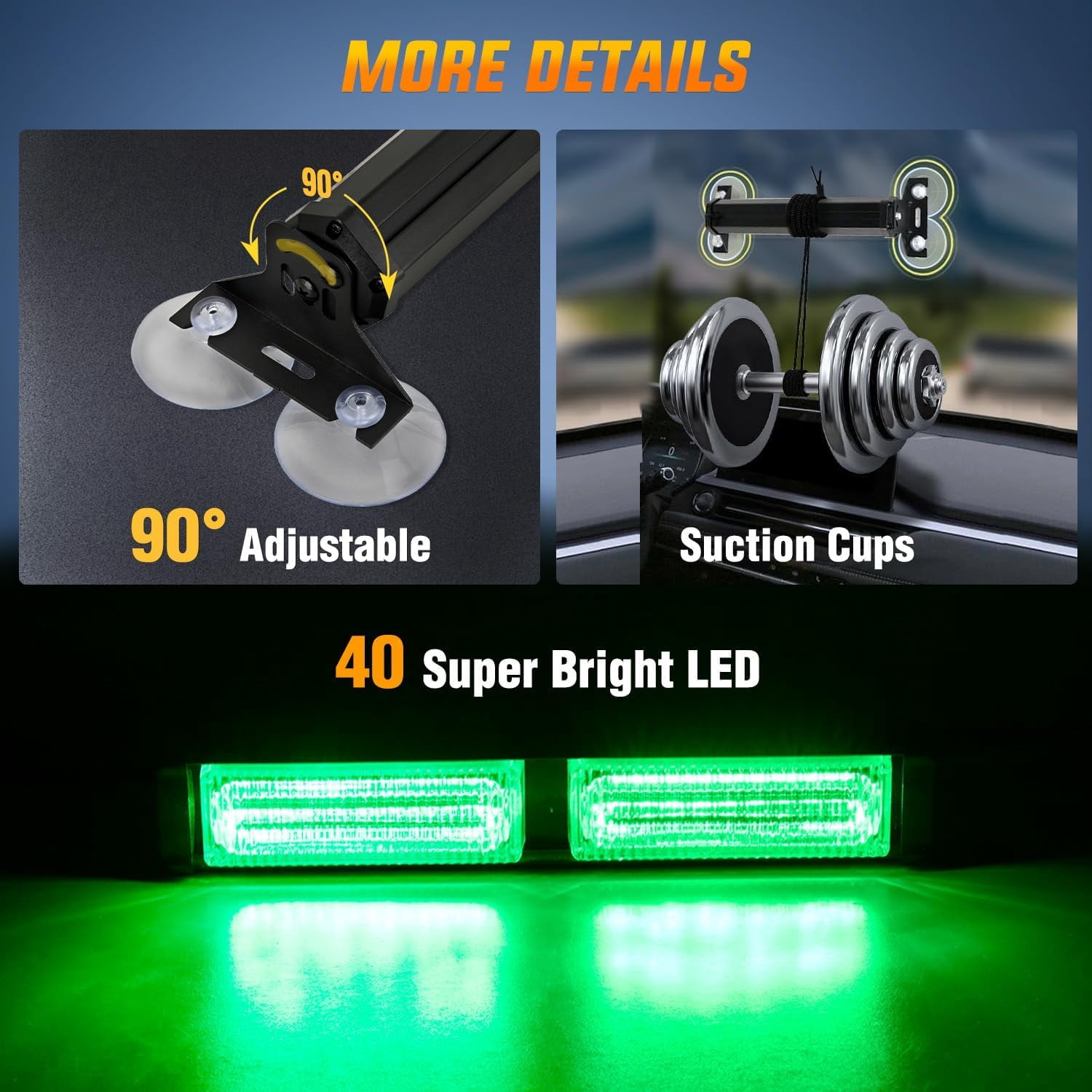 Nilight 40LED Green Emergency Strobe Advisor Light Bar with Suction Cups Dash Safety Warning Hazard Flashing Lights Interior Front/Rear Windshield for Trucks Construction Vehicles