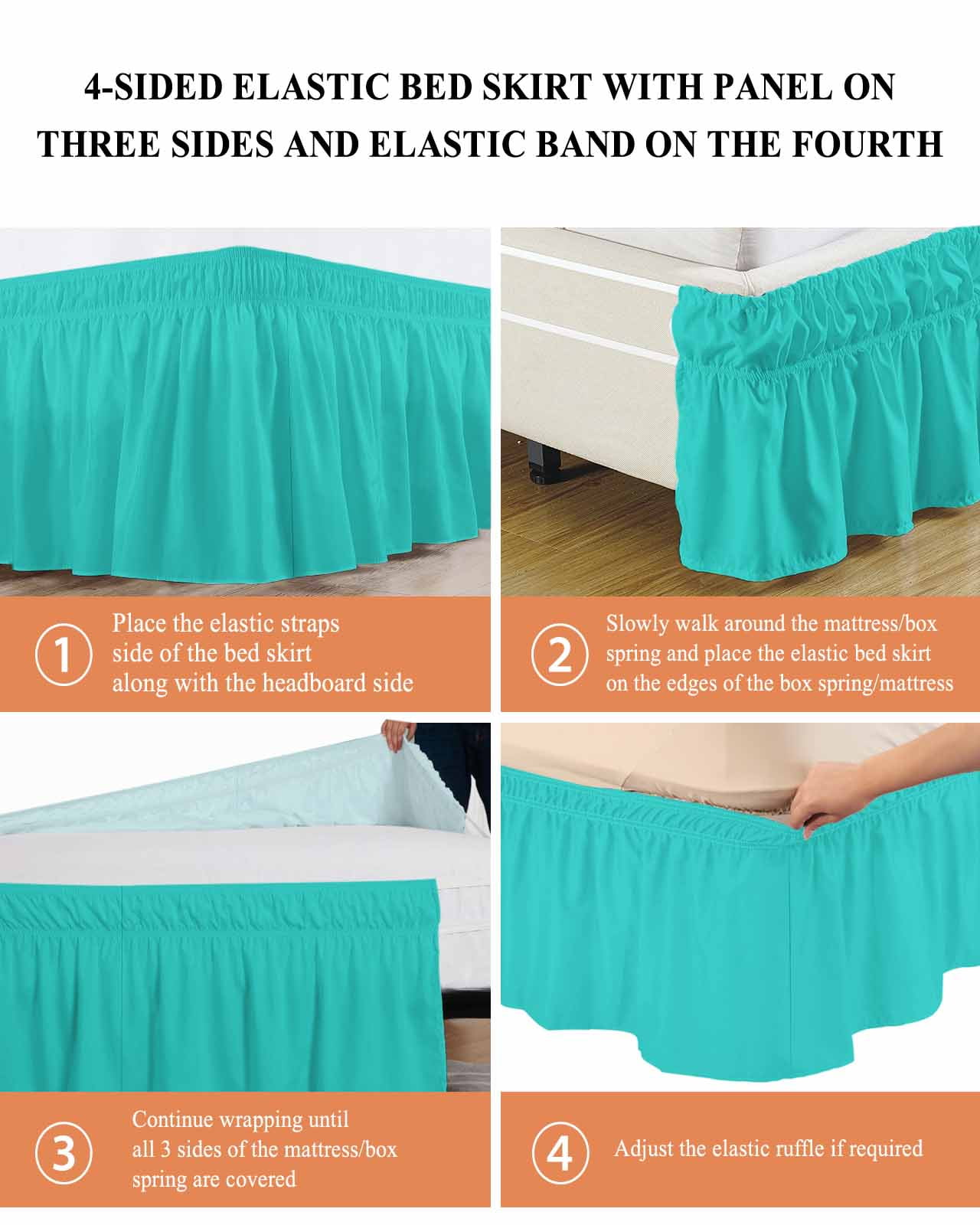 Turquoise Wrap Around Bed Skirts for Queen Bed 16" Drop, Bed Skirt with Adjustable Elastic Belt Dust Ruffle Bed Valance for Bedroom Hotel Luxury Modern Pure Turquoise Bed Frame Cover