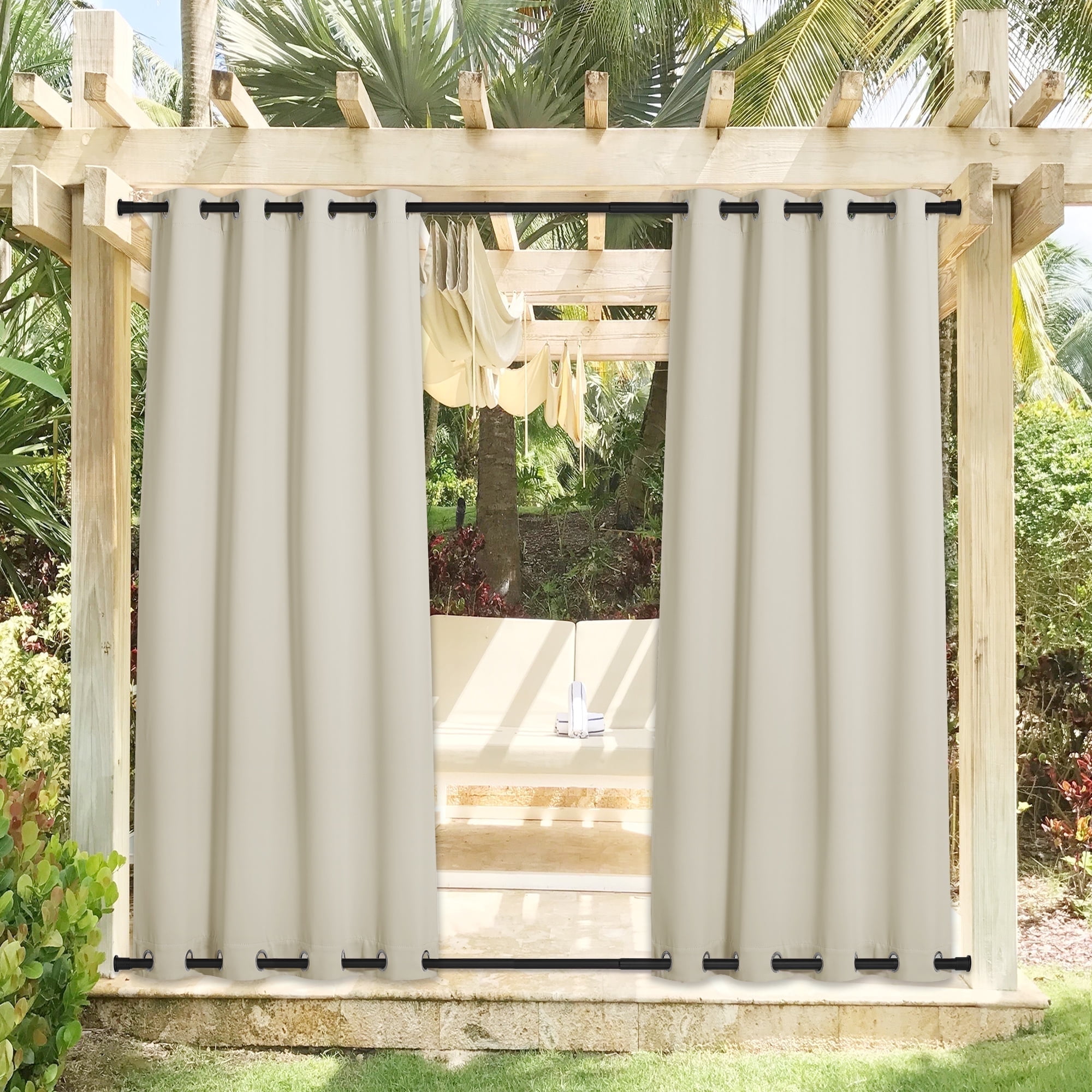 NICETOWN 2 Panels Outdoor Patio Curtains Waterproof & Windproof, Beige, W52 x L84, Thermal Insulated Room Darkening Top & Bottom Grommet Fixed Drapes Keep Privacy for Cabana / Porch