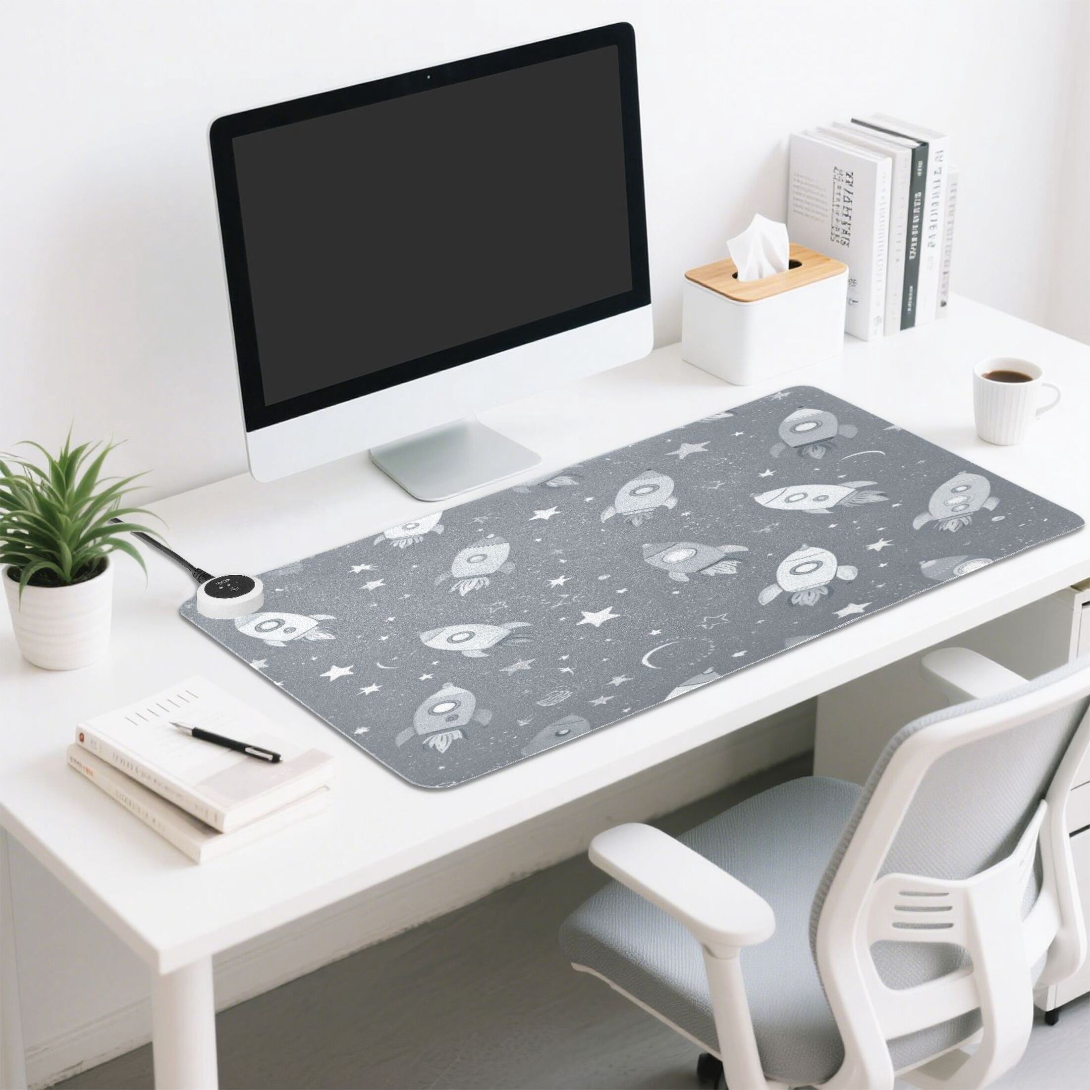 Large Heated Desk Mat Mouse Pad 31.5"x13"PU Leather Graphene Heating Desk Warmer with 3 Temperature Settings 110V US Plug Non-Slip Warm Pad for Home, Office, and Gaming Grey Space Rocket Print