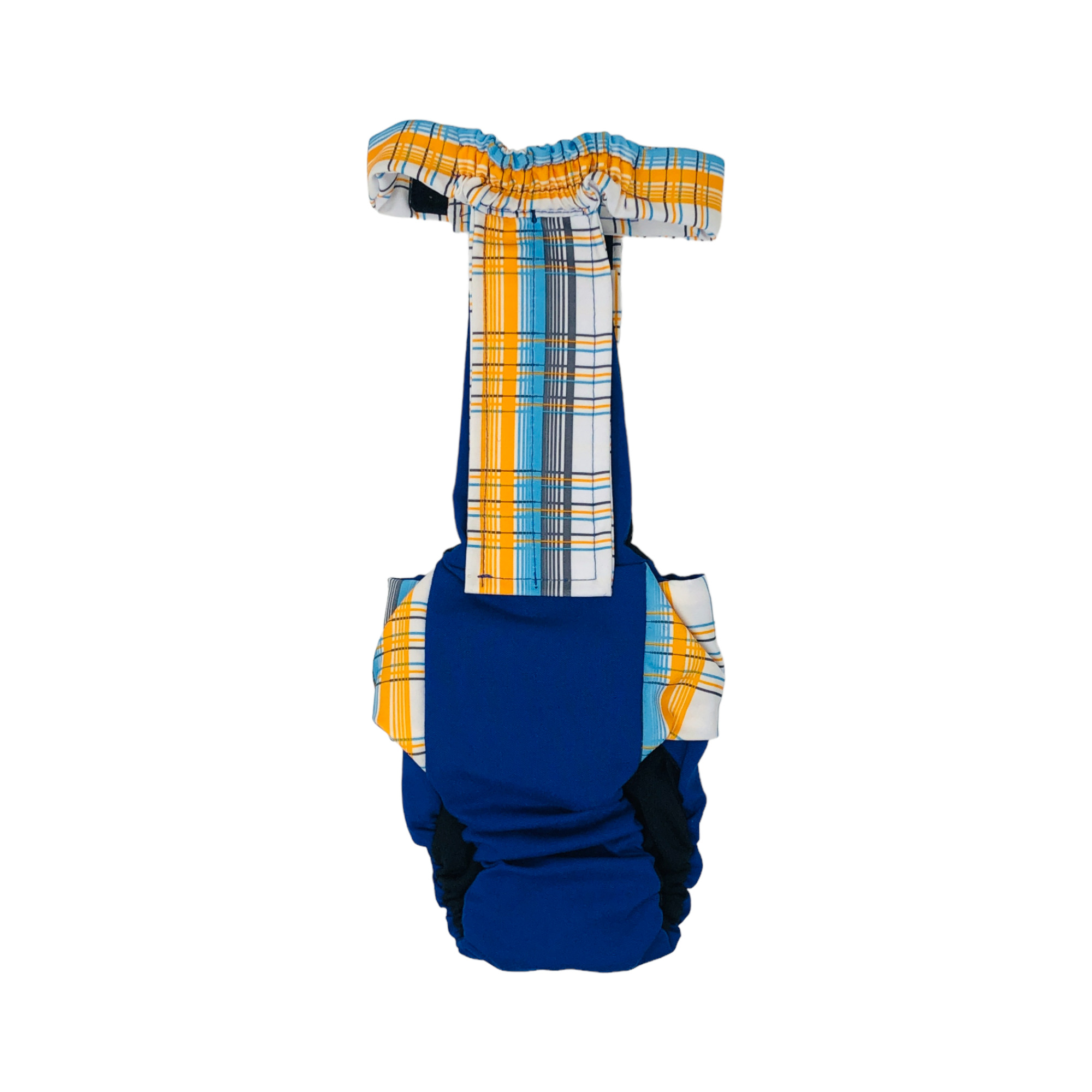 Barkertime Blue Yellow Plaid on Blue Dog Diaper Overall