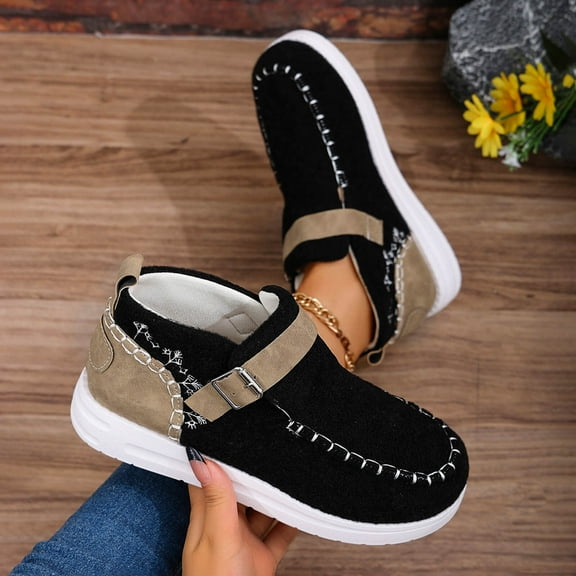 Viluyesy Womens Ankle Loafers, Buckle Soft Sole Comfortable Fall Winter Fashion Flatform Shoes Black US7