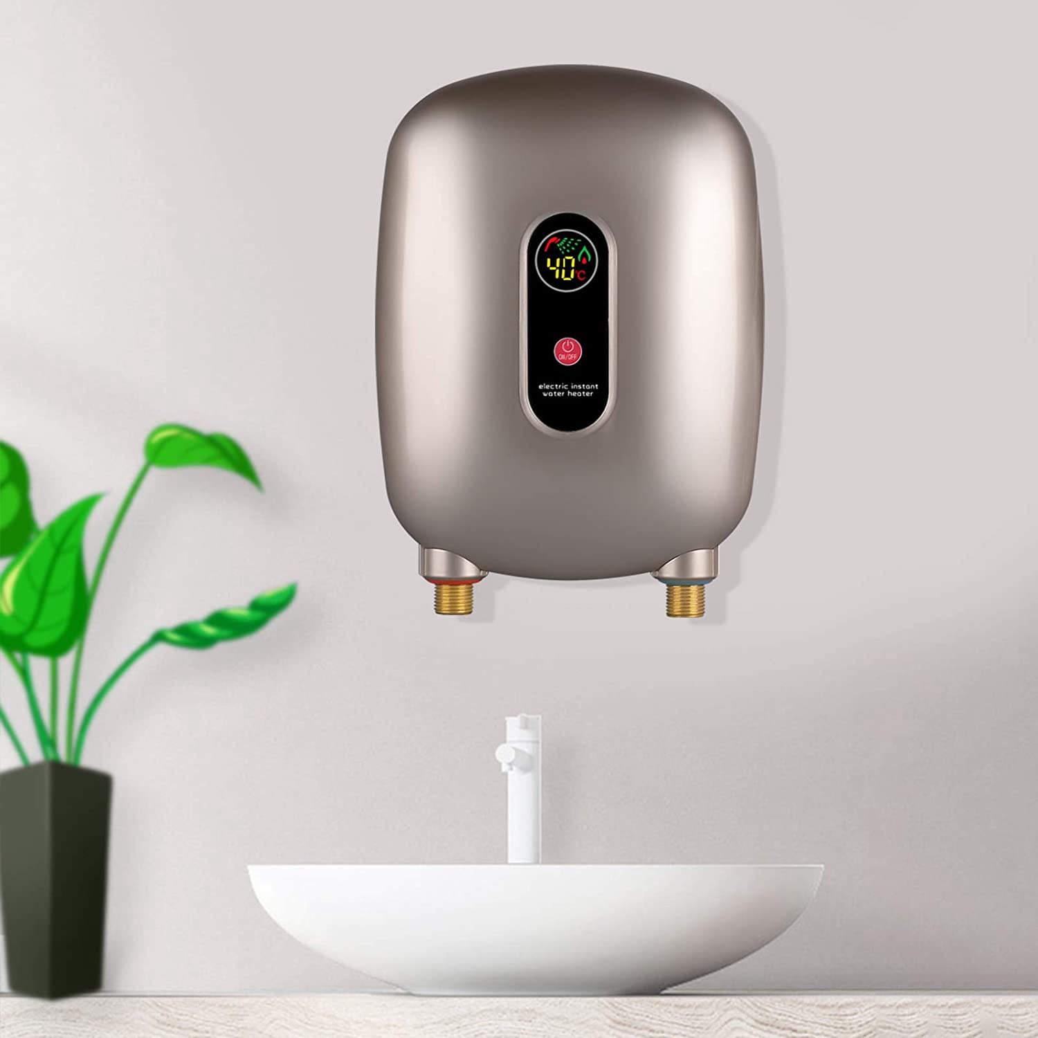 Fichiouy 3KW Electric Water Heater Mini Electric Tankless Instant Hot Water Heater with LCD Display for Bathroom Kitchen Gold