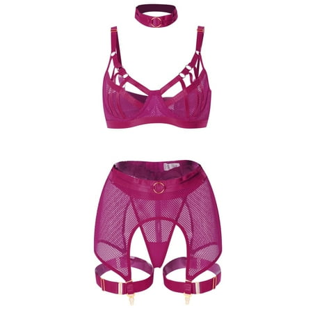 YOTMKGDO Valentines Day Lingerie  Lingerie Corset Set Lace Bodysuit Exotic Bustier with Choker Leg Band Garter Belts Lace Embroidered Bandage Underwear (Purple  L)